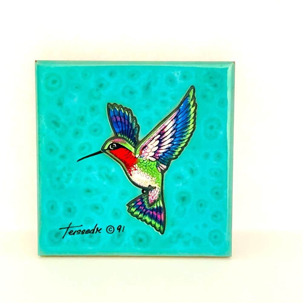1990s Cleo Teissedre Hummingbird Tile Coaster, Trivet, Wall Decor, Wall Art